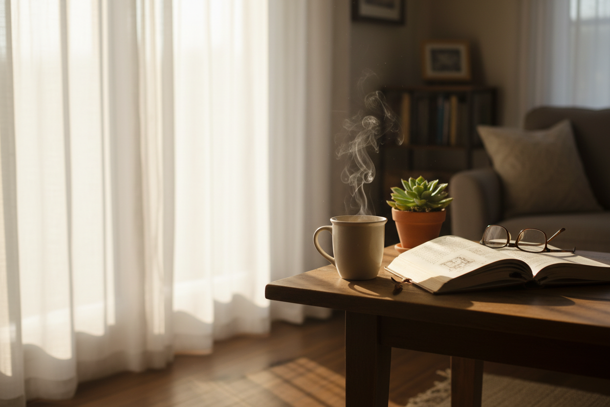 Create a warm, inviting scene that feels personal, reflective, and human. The setting should suggest a quiet moment of reading or reflection — such as a journal or book resting on a table near a window, soft natural light coming in, and a calm, uncluttered environment.  The mood should feel peaceful, encouraging, and thoughtful, like an invitation to pause and stay connected. Avoid any sales, urgency, or promotional energy.  